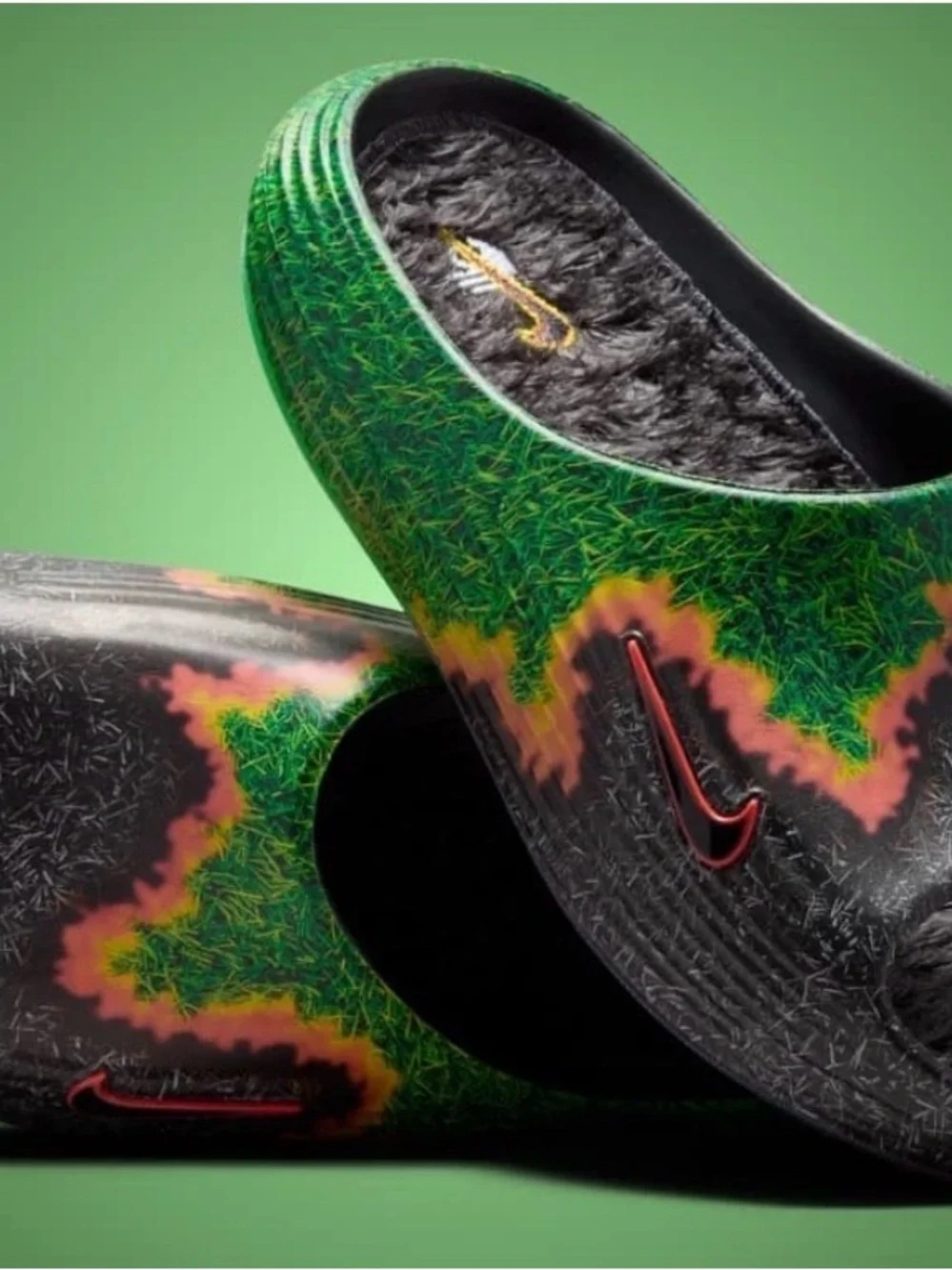 Nike Black Slides with Green Grass and Orange Flame Accents